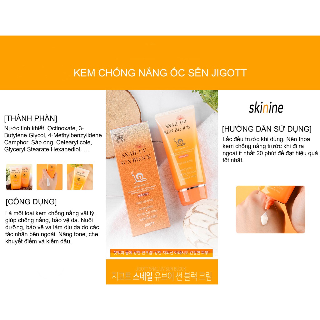 Kem chống nắng ốc sên JIGOTT SNAIL UV SUN BLOCK Hàn Quốc SPF50+/PA+++ 70ml cho mọi loại da