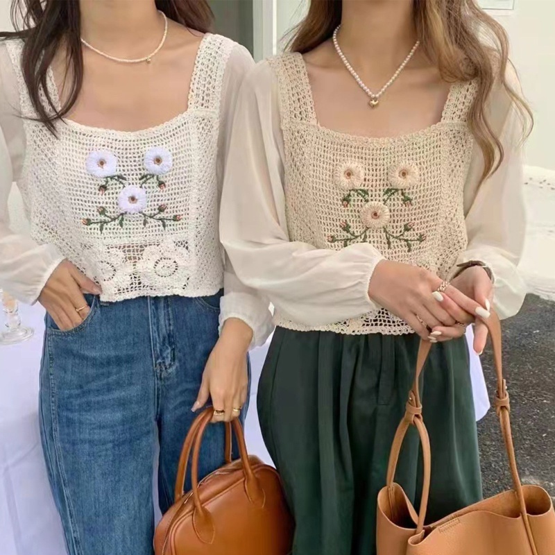 Brroa Áo Croptop Dệt Kim Chiffon Tay Dài Phồng Cổ Vuông Thêu Hoa Rỗng Kiểu Retro Cho Nữ