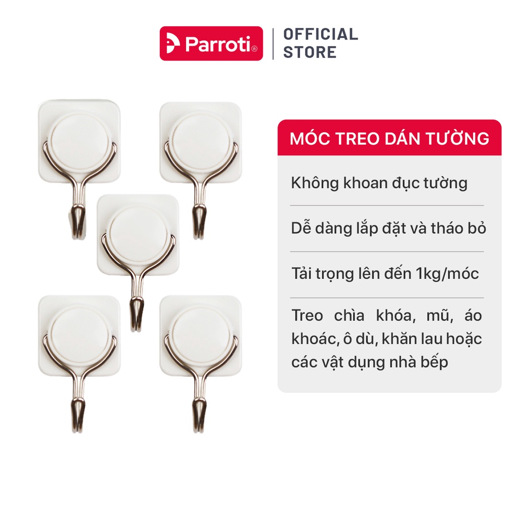 Móc treo dán tường đa năng, bộ 5 chiếc, treo chìa khóa, đồ dùng nhà tắm, vật dụng nhà bếp - Parroti Handy HD5