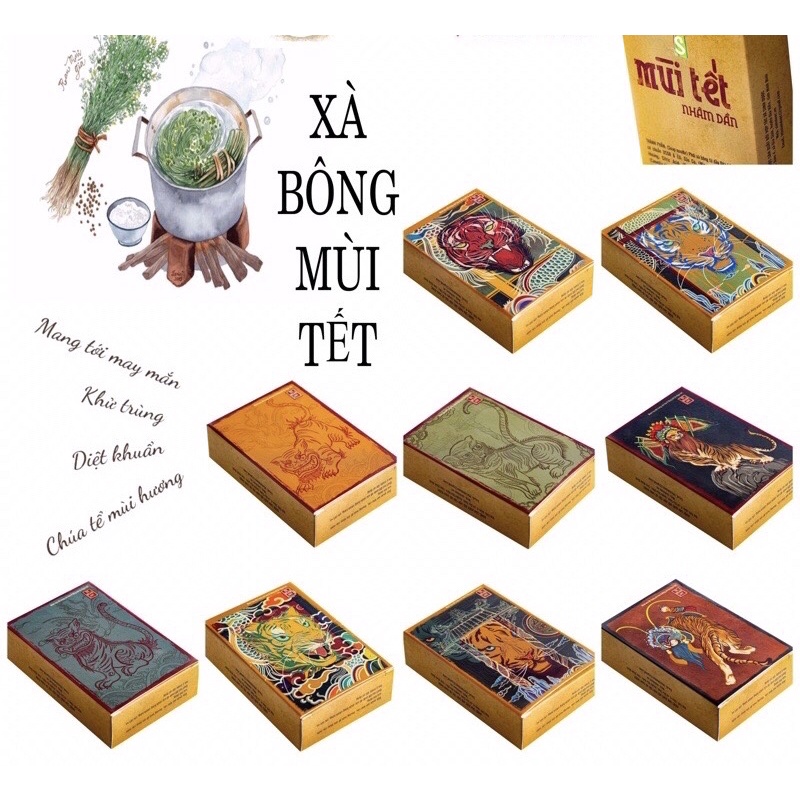 Combo 10 Bánh Xà Bông MÙi TẾT Sinh dược ( Đủ bộ sưu tập 10 bức tranh Tết Nhâm Dần)+ Tặng kèm 10 túi lưới tạo bọt 2 lớp