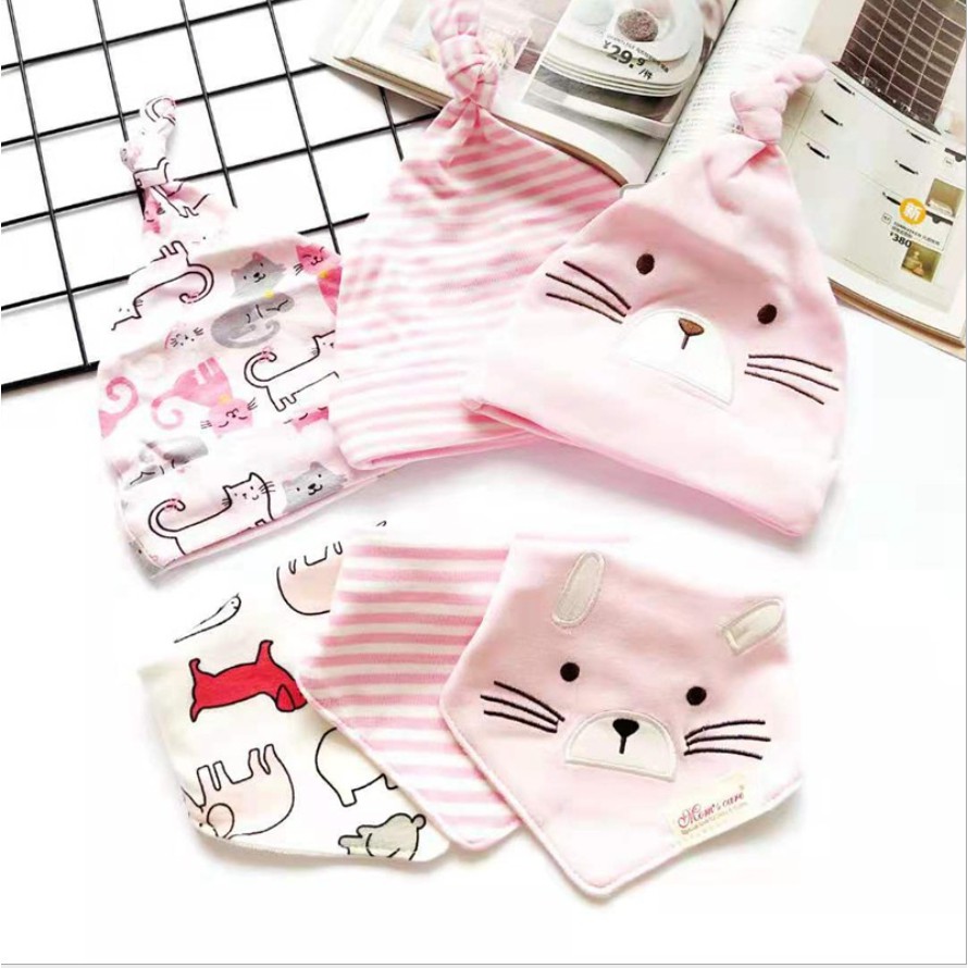 [NHẬP KIDTET hoàn 15% xu đơn 150k] Combo set 3 mũ thắt nút và set 3 khăn tam giác Mom's Care