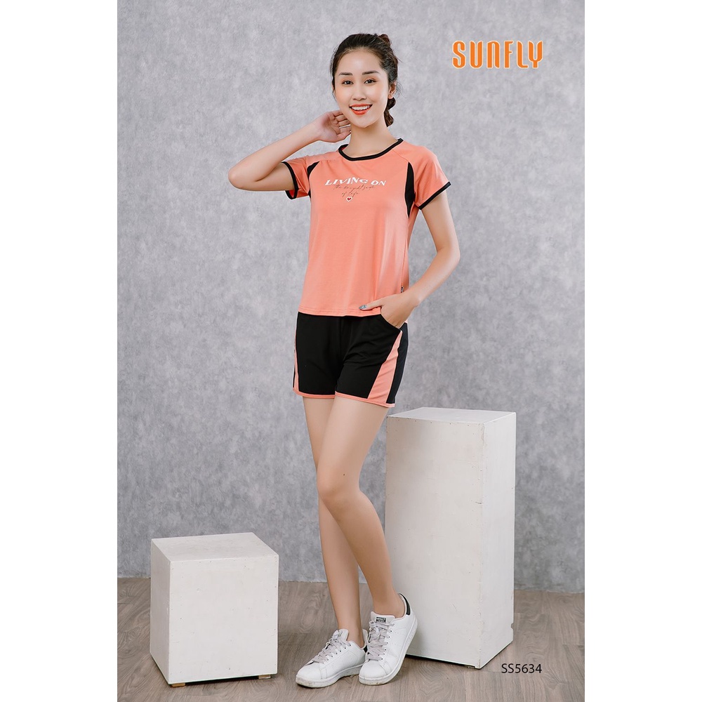 Bộ đồ pijama mặc nhà Sunfly cao cấp, set đồ ngủ cotton kiểu trơn họa tiết chữ dáng áo cộc quần đùi thỏa mái SS5634