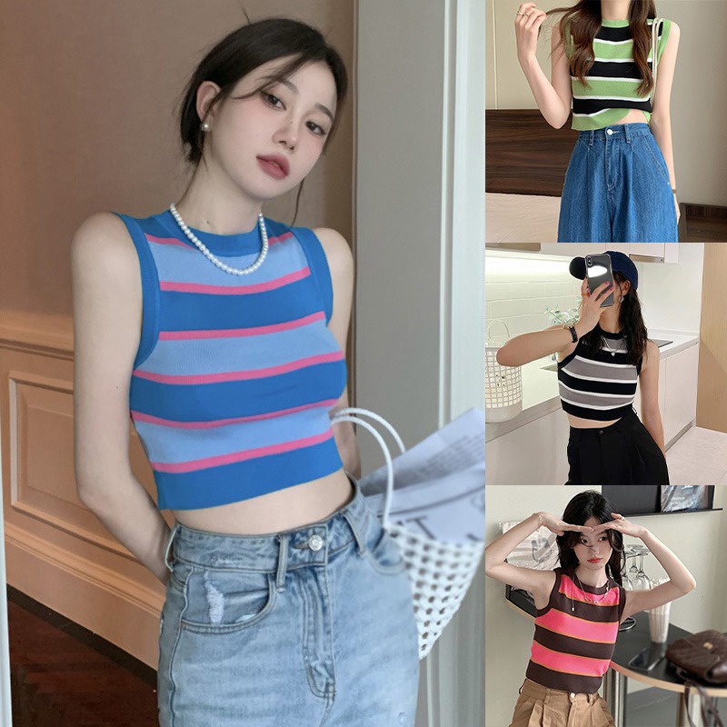 Áo Croptop Dệt Kim Sát Nách Dáng Ôm Vải Lụa Lạnh Kiểu Hàn Quốc Cá Tính
