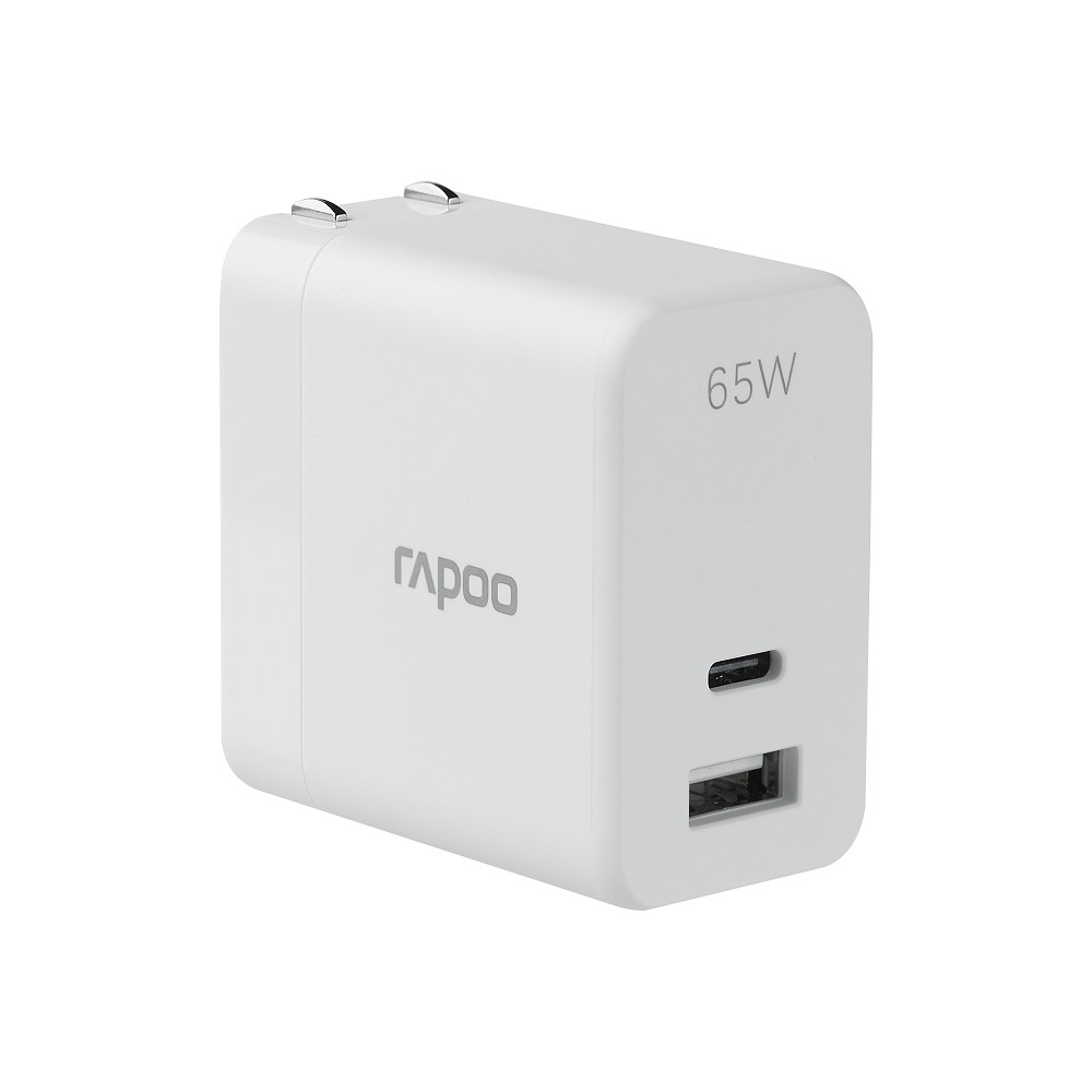 Cốc sạc Rapoo PA65 - Phích cắm có thể gập gọn, Công suất 65W, Đầu ra giao diện kép USB-C + USB-A