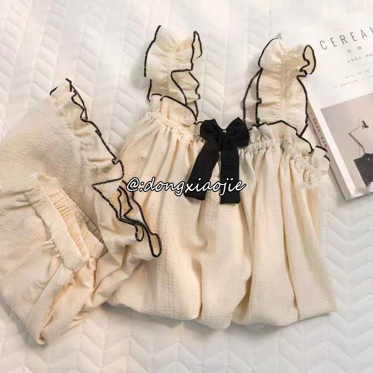 2022 new summer pajamas women's Japanese sexy ins style solid color suspenders sweet bow thin household clothes