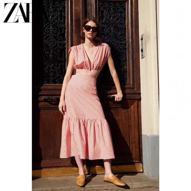 Chân váy maxi Zara new hè 2021 kẻ sọc đỏ đuôi cá best seller