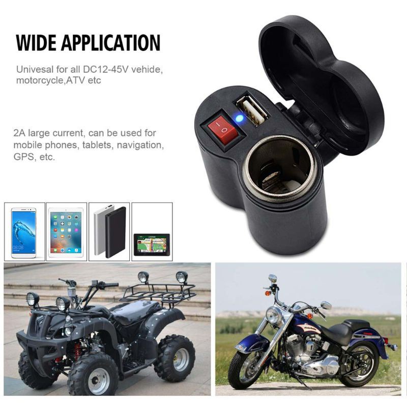 Tẩu sạc USB 12V gắn tay lái xe mô tô chống thấm nước có công tắc tiện lợi