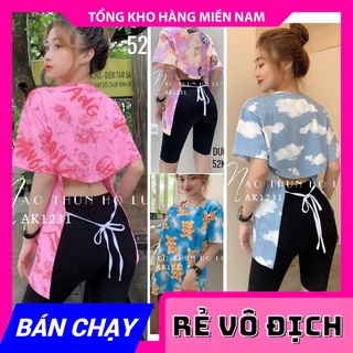 Áo hở lưng phom rộng 3/4 cột dây nơ sau lưng ⚡ảnh tự chụp⚡ áo thun loang màu ⚡ áo bò sữa ⚡ áo thun phom rộng ak1231