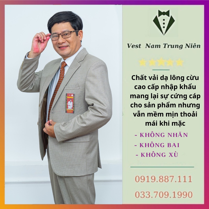 Vest Trung Niên Cao Cấp, Bộ Com Lê Trung Niên Hồng Ngọc Chất Liệu Vải Nhập Khẩu