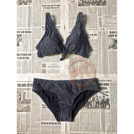 Bikini Đồ Bơi Đi Biển 2 Mảnh Đen chấm bi cổ tim không tay áo dây quần tam giác cài khóa hở lưng sexy quyến rũ