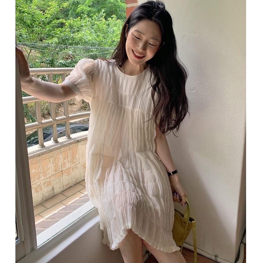 Đầm Tay Phồng Cổ Tròn Xếp Ly Dáng Rộng Thời Trang Sang Trọng 49871