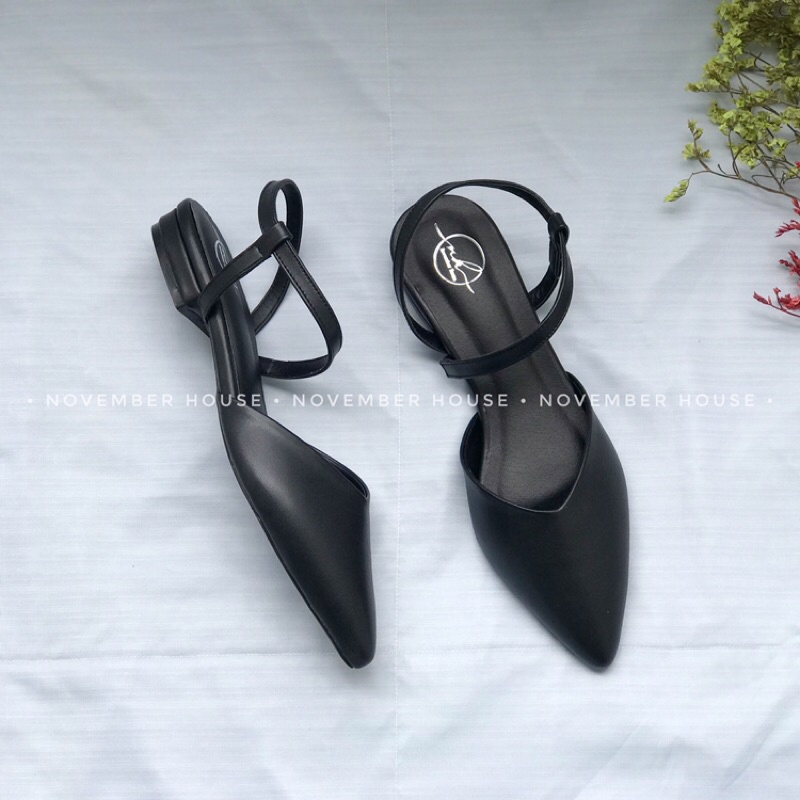 Giày búp bê gót thấp da mềm kiểu dáng mũi nhọn thiết kế quai hậu chéo thời trang nữ , SB20, Oula Store