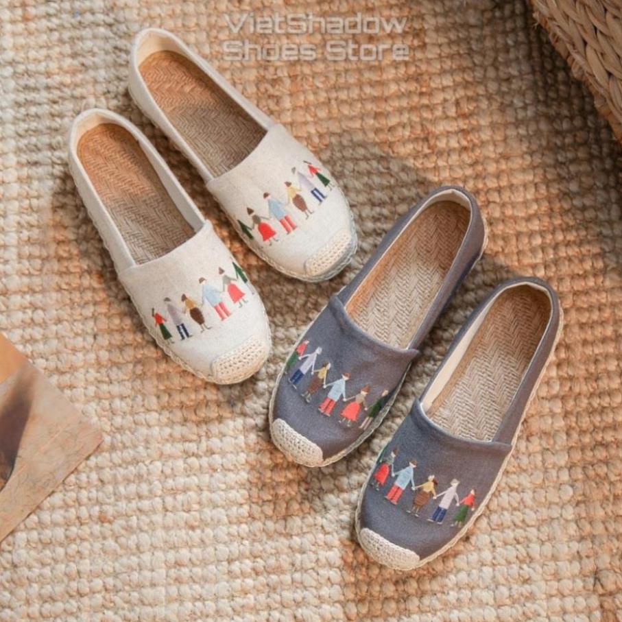 Slip on cói nữ - Giày lười vải thêu - Chất liệu vải bố sợi lanh 2 màu (be) và (xám) - Mã SP X-19 . ' ' . %