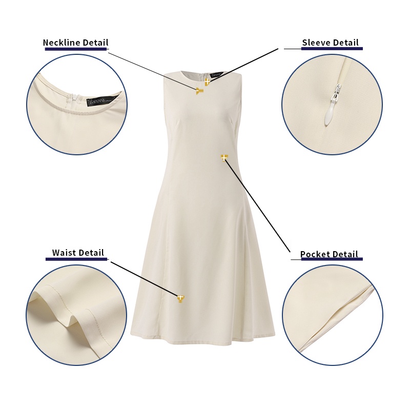 Đầm ZANZEA không tay màu trơn có túi và khóa kéo sau lưng thời trang vintage cho nữ
