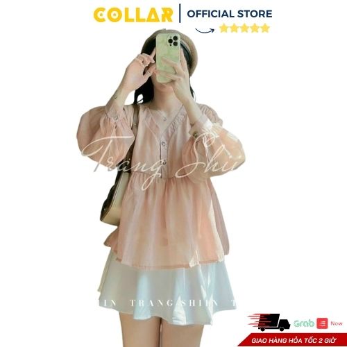 Bộ đồ nữ đi chơi COLLAR áo kiểu babydoll tay dài phồng cổ chữ V mix chân váy ngắn xòe dáng rộng style bánh bèo