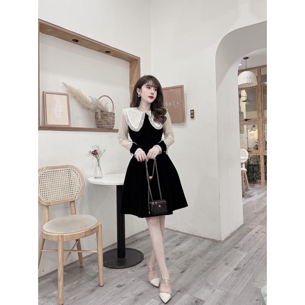 Váy nhung bồng tay voan cổ tiểu thư
