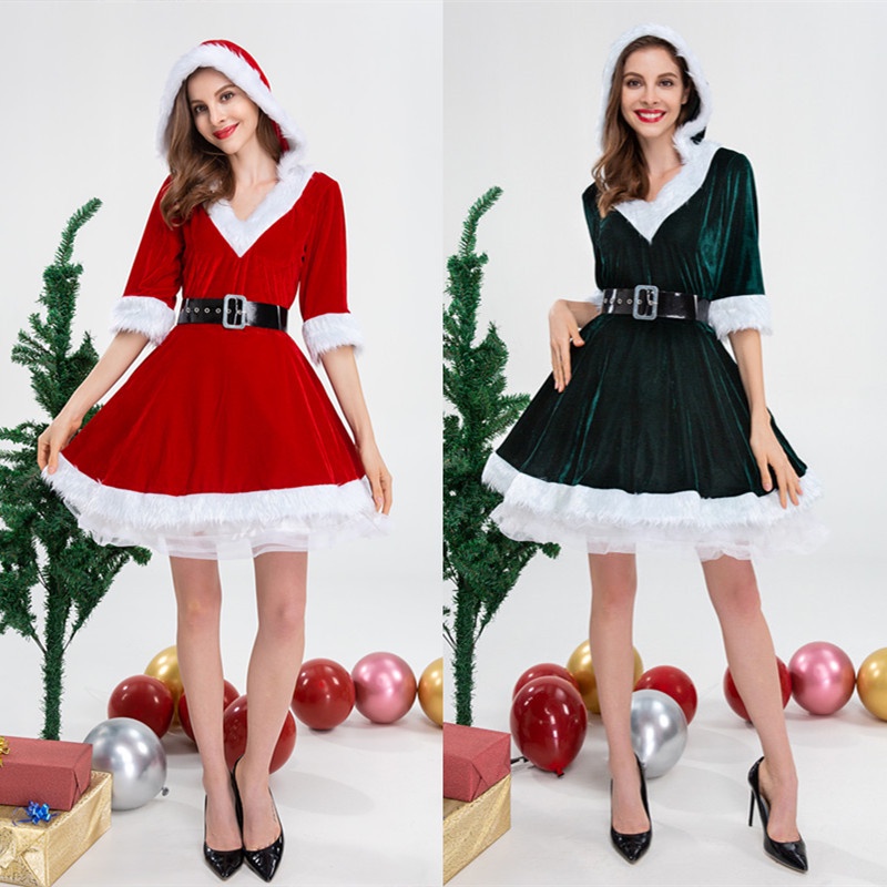🎁Trang Phục Giáng Sinh Chia Kích Thước👑Trang Phục Biểu Diễn Phong Cách Âu Mỹ Cho Nữ👑Đầm Cổ Chữ V Màu Xanh Lá Đỏ Ông Già Noel
