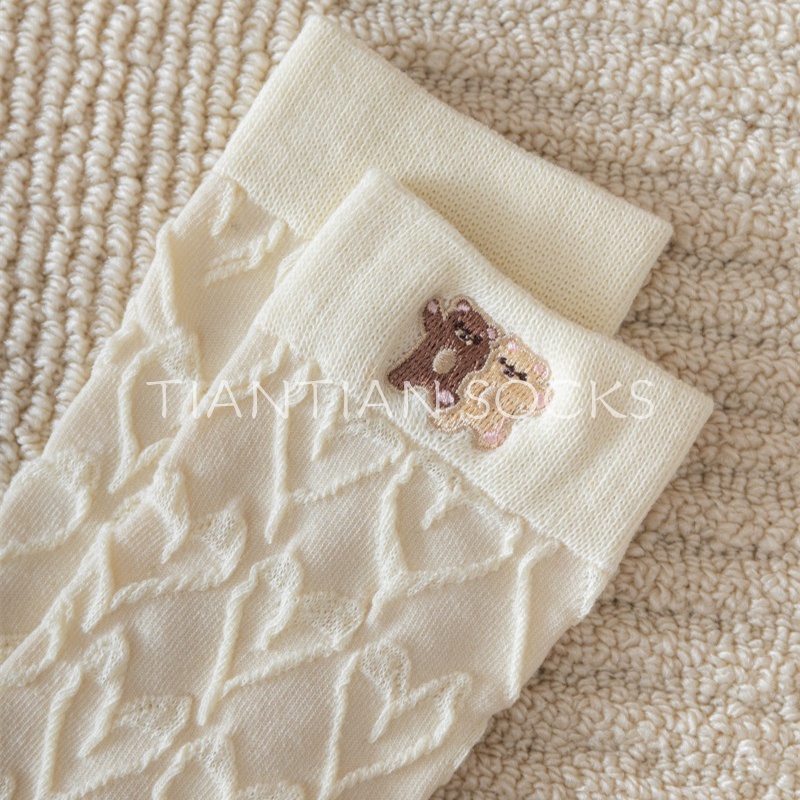 TIAN TIAN T236 Vớ Cotton Tất Cao cổ Ba Chiều Thêu Họa Tiết Gấu Hoạt Hình Dễ Thương Phong Cách Nhật Bản Thời Trang Xuân Hè Cho Nữ