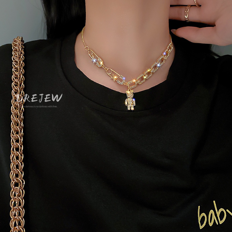 DREJEW Dây chuyền nữ mặt hình gấu dễ thương đính kim cương giả phong cách Hàn Quốc độc đáo