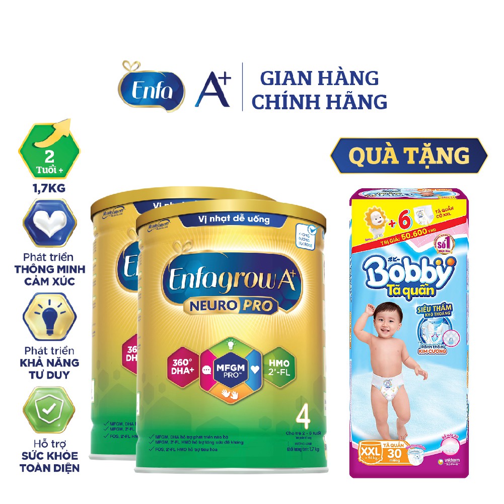 [Mã MKBESBD51 giảm 0.05 đơn 250K] [Tặng Tã Bobby XXL30] Bộ 2 Sữa Bột Enfagrow A+ Neuropro 4 Vị Thanh Mát – 1.7kg/lon