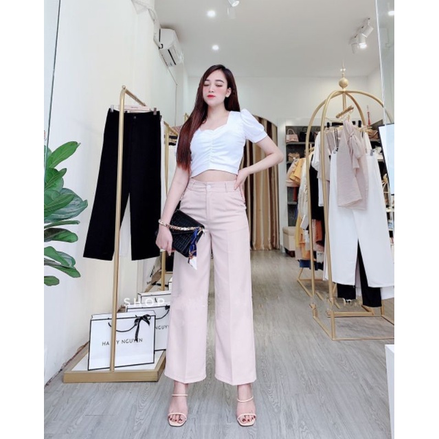 Quần ống rộng lưng cao khóa giữa 1 khuy kiểu hàn quốc