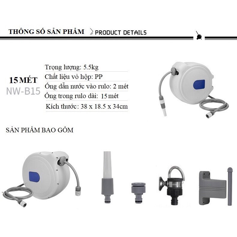 Bộ phun tưới 15 mét NW-B15. Rulo cuộn ống nước tự động Ống nước 3 Lớp