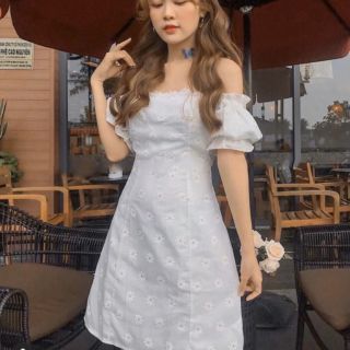 [ BAO ĐẸP NHƯ HÌNH] đầm hoa cúc trắng cổ vuông tay phồng ⚡VIDEO THẬT ⚡HÀNG SẴN DSRT1199