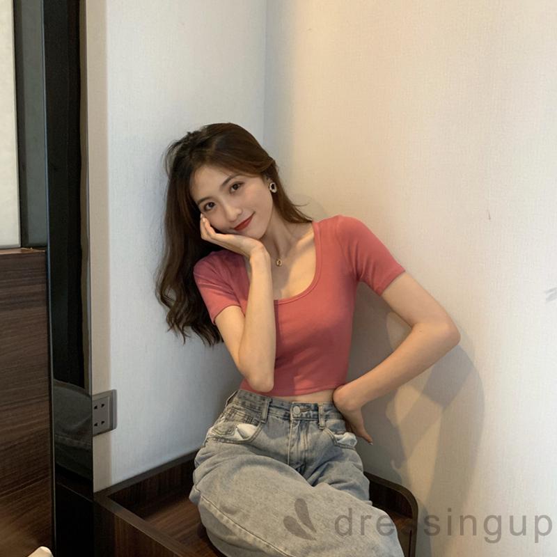 DRE-Women Summer T-shirts, Female U Neck Short Sleeve Solid Color Slim Fit Short T-shirts