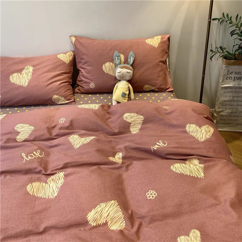 Bộ chăn ga gối Cotton Poly tim hồng nâu