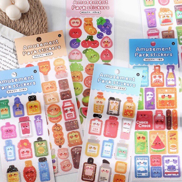 Sticker kim tuyến chủ đề nước uống thức ăn cute, hình chai lọ mỹ phẩm đáng yêu