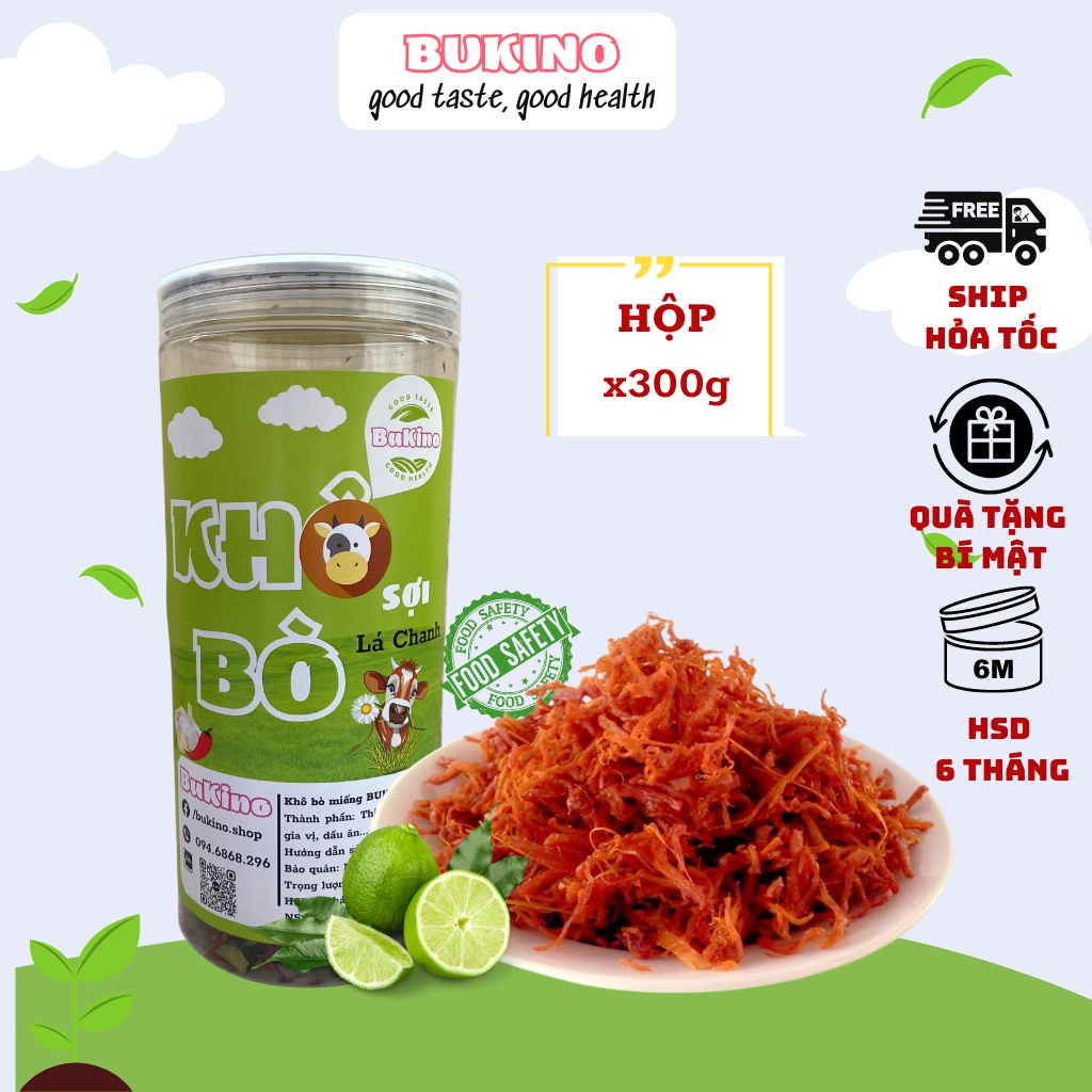 Khô bò lá chanh sợi dài BUKINO hộp 300gr, đồ ăn vặt khô bò thơm ngon an toàn vệ sinh thực phẩm Hà Nội, ship hỏa tốc