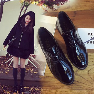 Giày Da Oxford Mũi Tròn Thắt Dây Phong Cách Retro Thời Trang Cho Nữ