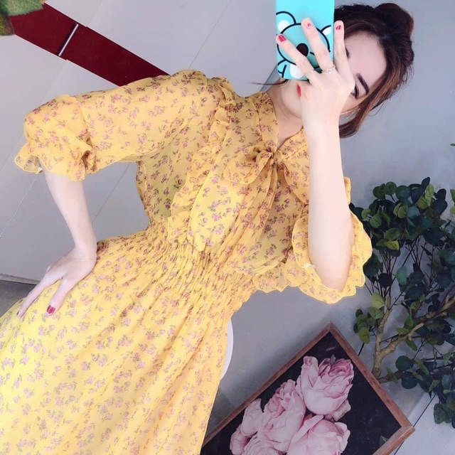 Đầm cột nơ tay phồng tiểu thư (hình thật+video) | BigBuy360 - bigbuy360.vn