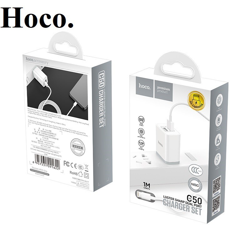 Củ sạc nhanh 2 cổng HOCO C50 max 2.4A - Chính hãng - Bảo vệ dòng điện dùng cho tất cả các loại điện thoại
