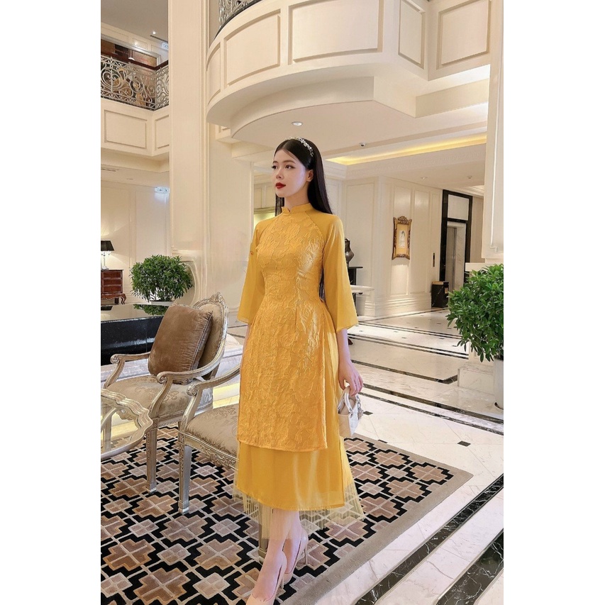 Áo dài cách tân nữ ren hoa nổi thiết kế chân váy xoè điệu đà đủ màu đủ size - L26