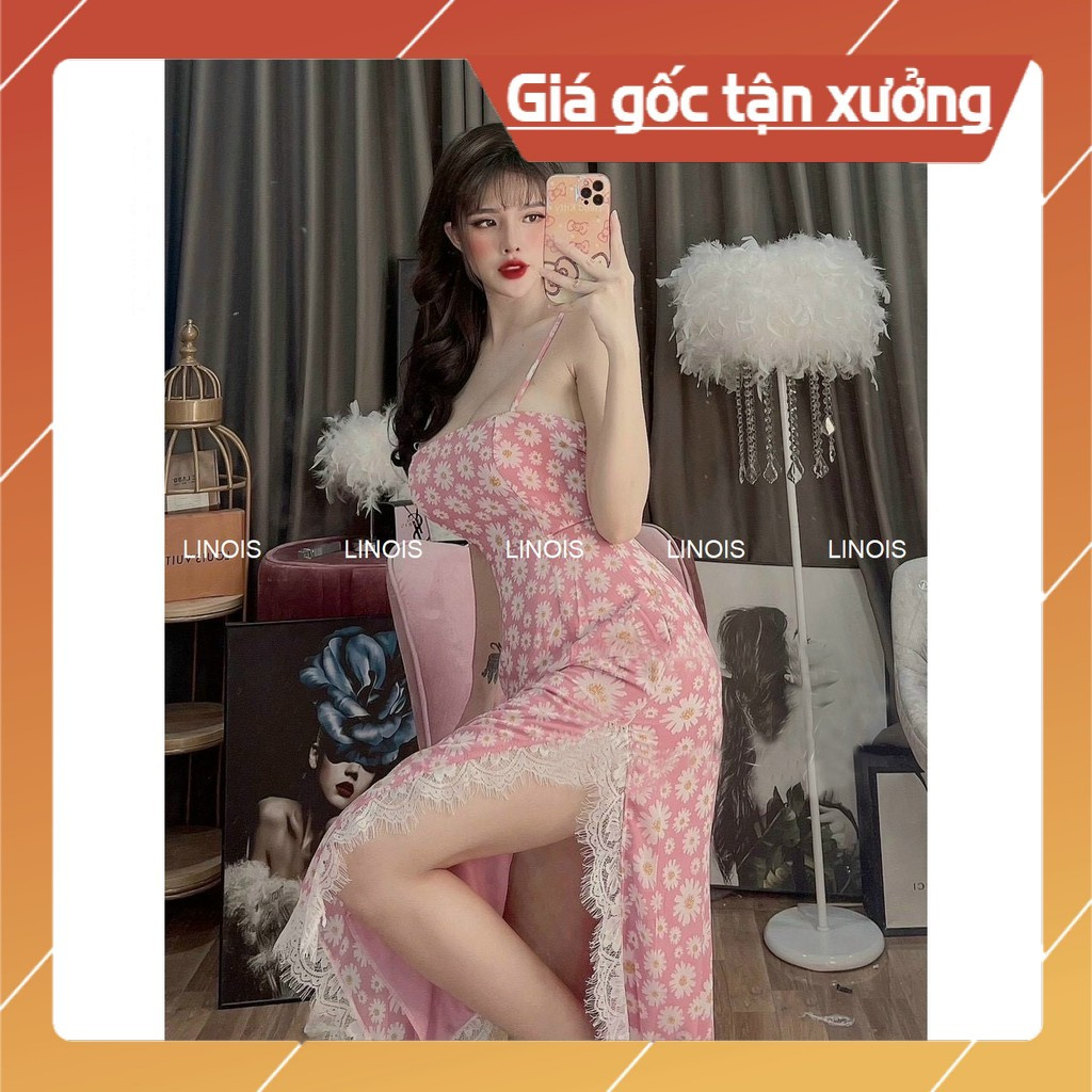 Đầm Maxi 2 Dây Đan Lưng Xẻ Tà Ren, Họa Tiết Hoa Cúc, Da Beo - Vải Chiffon - 2 Màu Hồng, Nude - Cho Nàng Đi Chơi