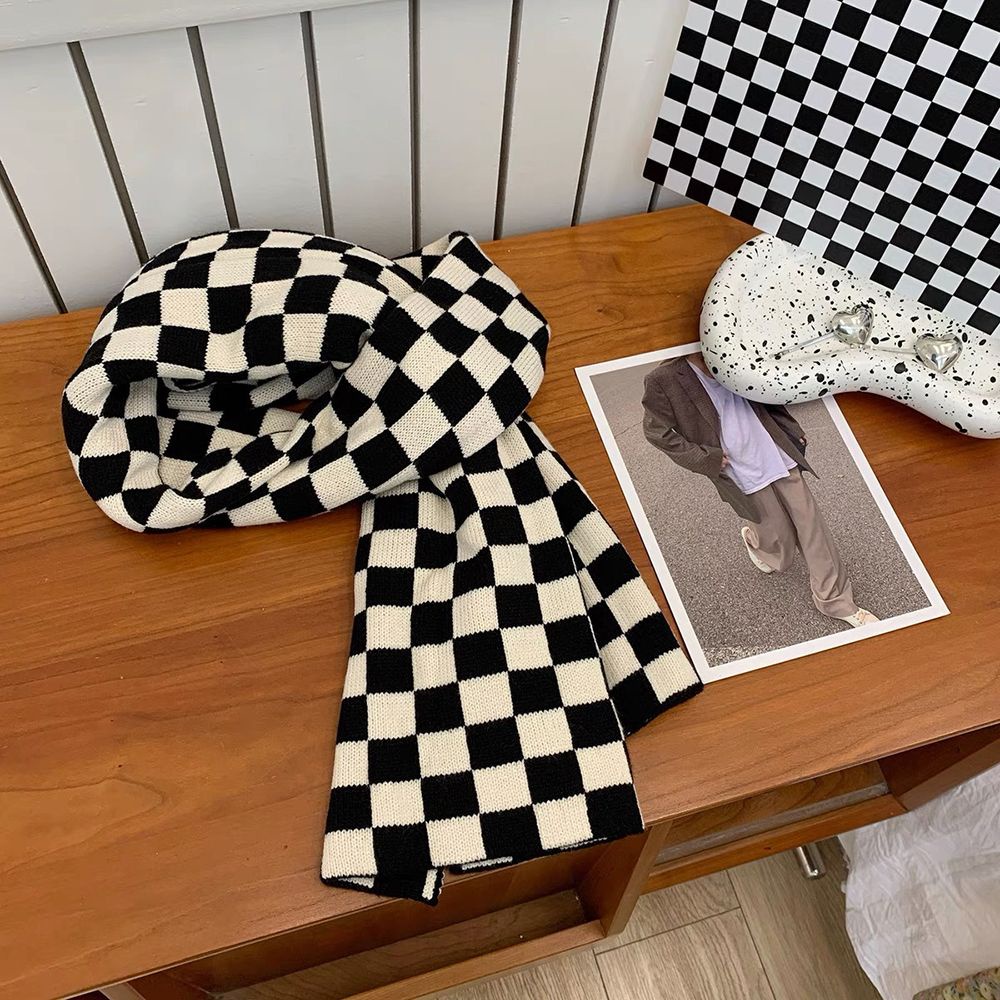 Khăn choàng cổ vải len dệt kim họa tiết kẻ sọc caro phong cách Hàn Quốc cổ điển cho nữ