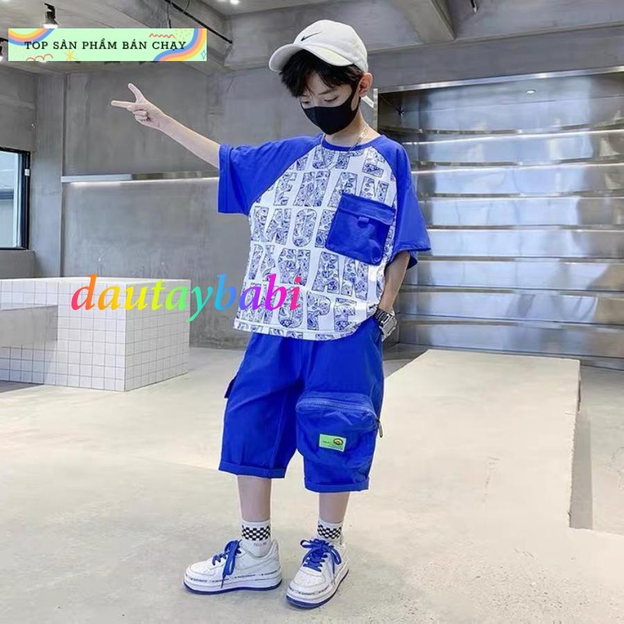 Bộ thun bé trai hiphop áo in chữ ngắn tay quần túi hộp thun cotton cao cấp mùa hè mịn mát cho bé 25-52kg