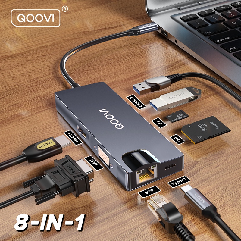 Bộ chia cổng QOOVI Type C - HDMI 4K 30Hz RJ45 PD TF / SD 8 trong 1 thích hợp cho Macbook Pro Surface máy tính xách tay