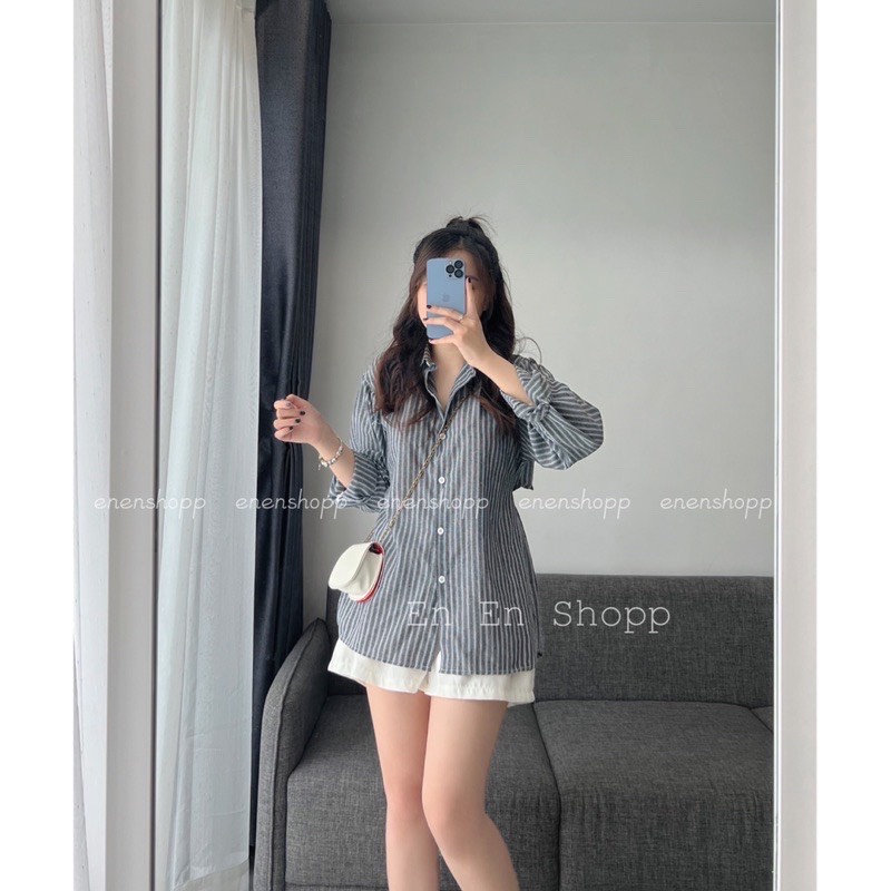 Áo sơ mi tay dài sọc kẻ hở lưng / Áo kiểu nữ thiết kế cổ bẻ phom rộng bigsize màu đen xanh dễ phối đồ_ranstore