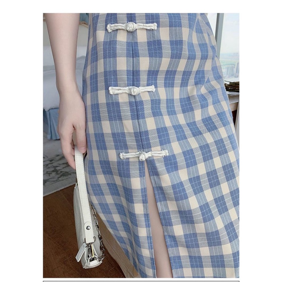 Đầm sườn xám chiều dài vừa phải ôm eo vừa vặn kẻ sọc caro xanh lam retro mới mùa hè