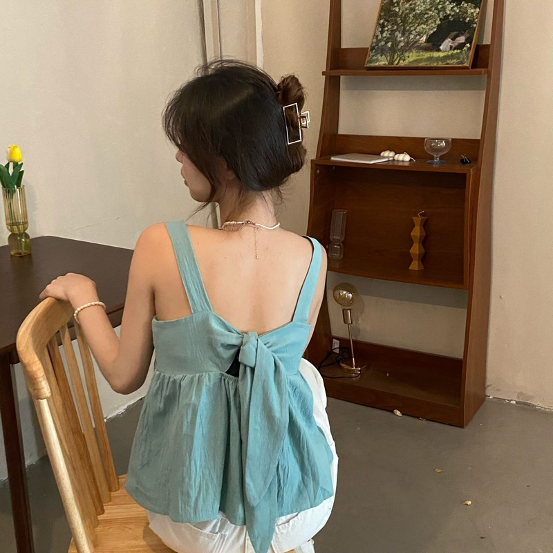 Áo Tank Top Sát Nách Cổ Vuông Dáng Rộng Màu Trơn Phối Dây Buộc Sau Lưng Kiểu Hàn Quốc Thời