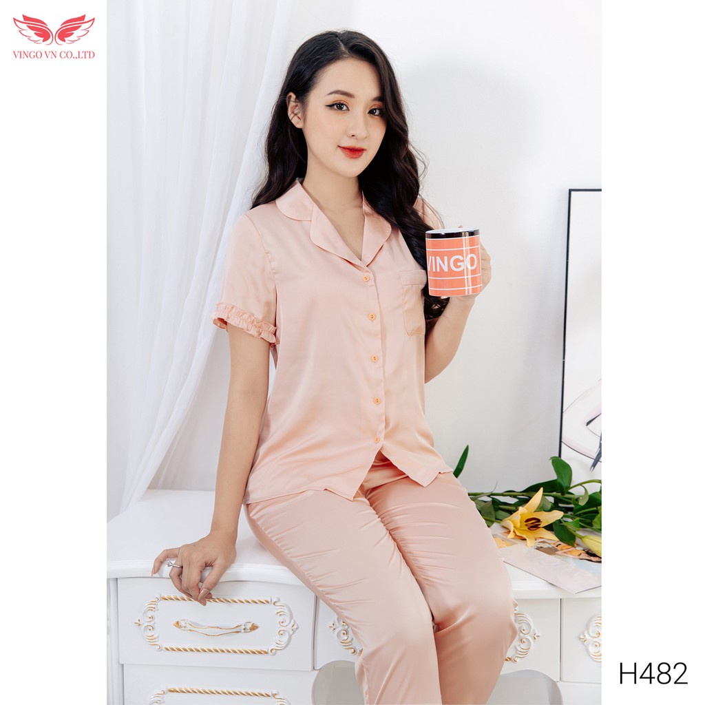 Bộ Đồ Mặc Nhà Pyjama Nữ VINGO Chất Liệu Lụa Pháp Trơn Cao Cấp Tay Cộc Quần Dài Thanh Lịch Hiện Đại H482 VNGO | BigBuy360 - bigbuy360.vn