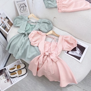 Set áo BBD cổ vuông tay ngắn phồng cột nơ kèm quần short lưng thun sau freesize Pumi