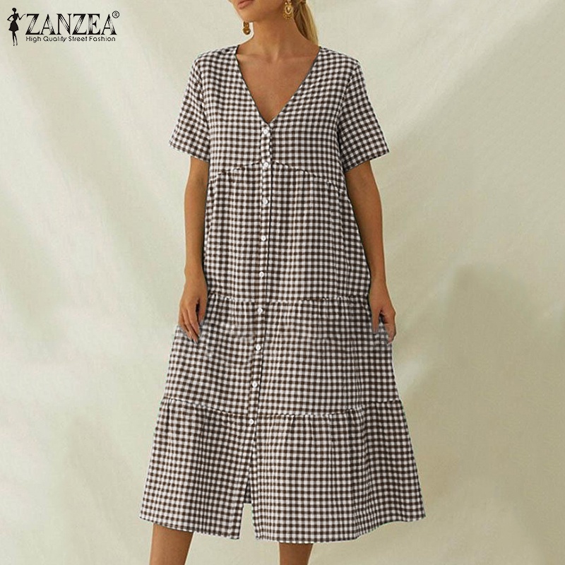 Đầm Zanzea tay ngắn cổ chữ V họa tiết sọc caro thiết kế xếp tầng thời trang cho nữ