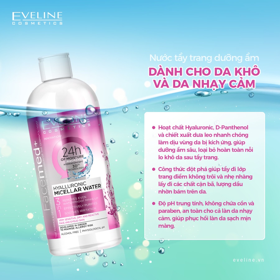 Nước Tẩy Trang Dưỡng Ẩm Da Không Cồn Dành Cho Da Khô Và Nhạy Cảm Facemed + Eveline 400ml