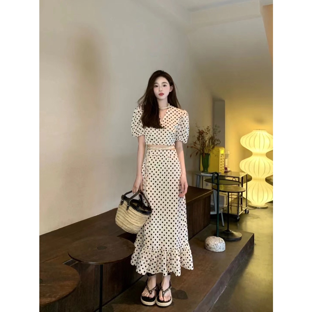 Sản Phẩm Mới Mùa Hè!Bộ Áo + Chân Váy Đuôi Cá Chấm Bi Phong Cách Pháp Thời Trang 2022 Cho Nữ