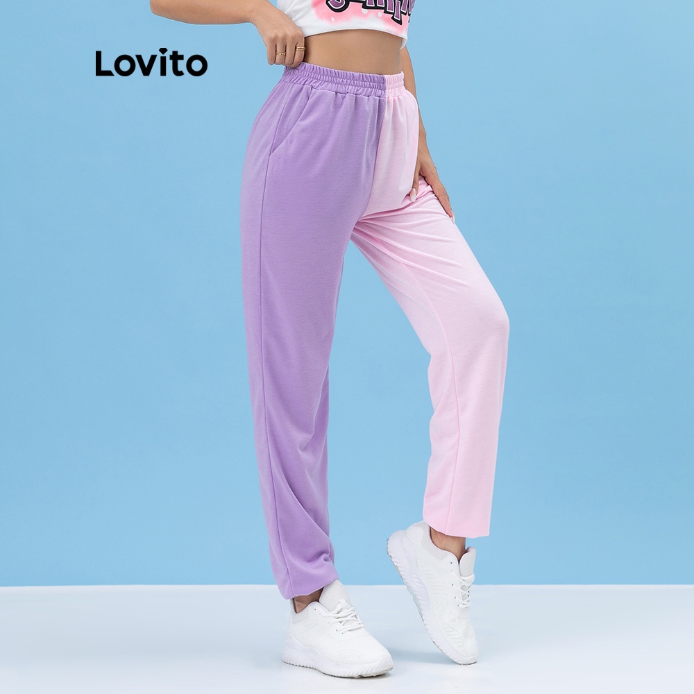 Quần Lovito dây rút ghép nối màu sắc trơn in họa tiết phong cách thể thao L06081 (Màu tím)
