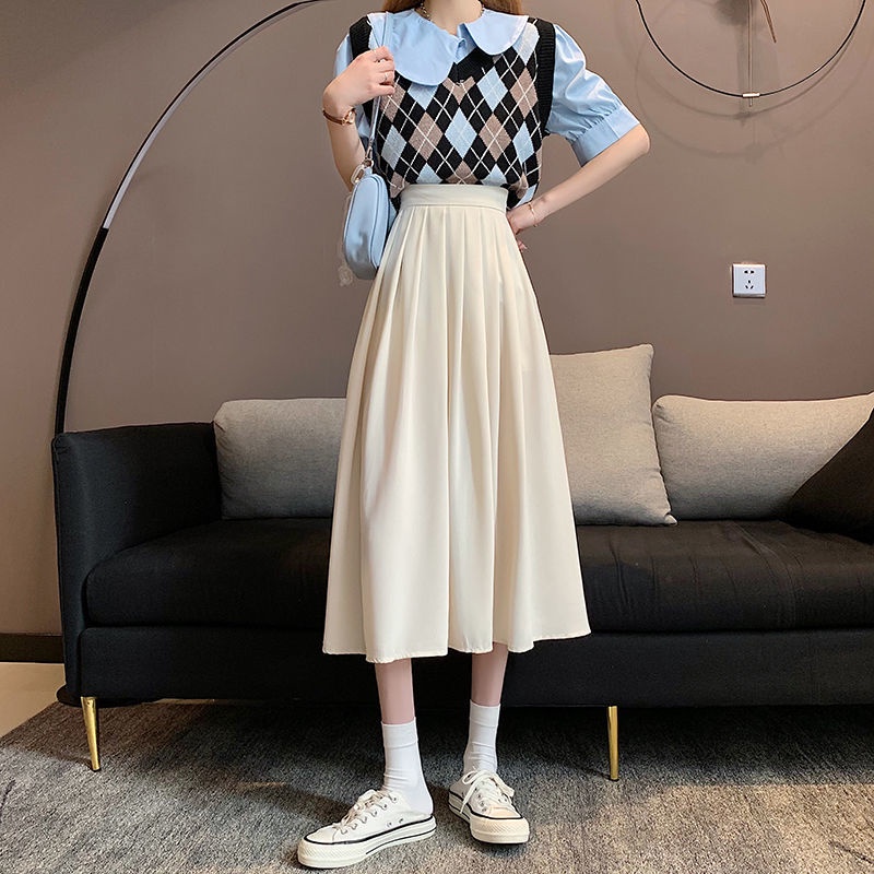 IELGY Chân váy IELGY dáng dài lưng cao phong cách Pháp cổ điển cho nữ