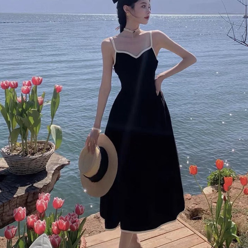 Váy Địu Sang Trọng 164521 Đầm Dài Hai Dây Màu Đen Phong Cách Retro Quyến Rũ Dành Cho Nữ